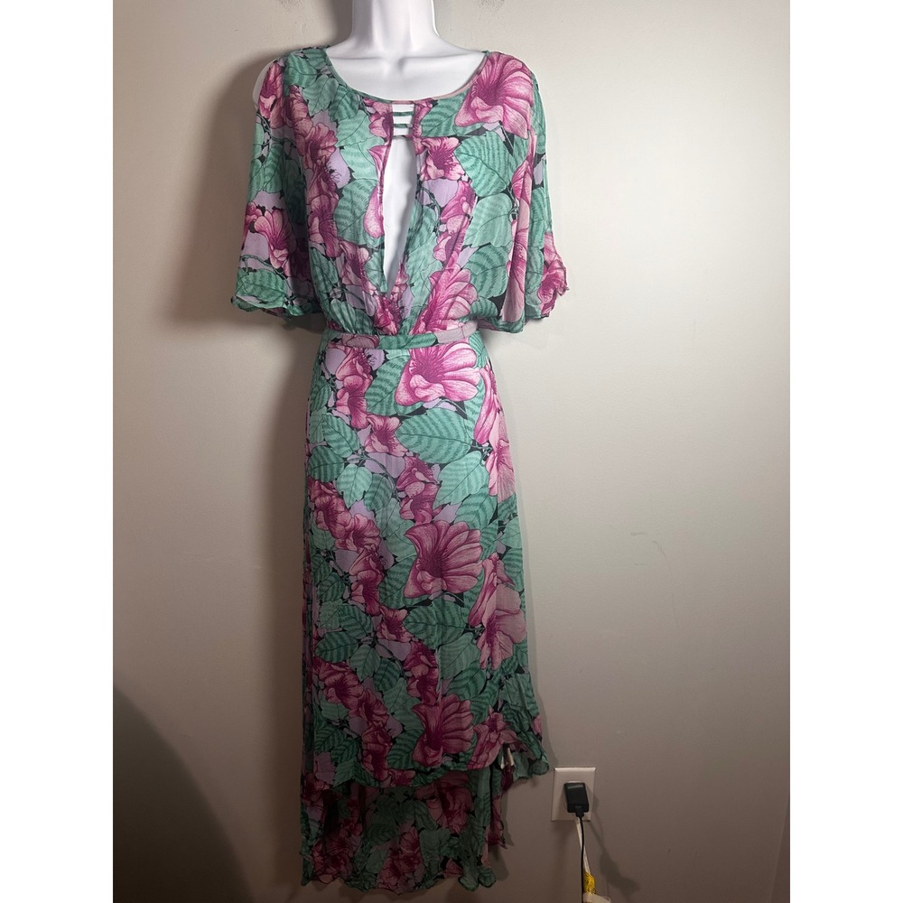 Leifnotes Anthropologie Floral High Low Maxi Dress Pink Green Sheer Keyhole Sz 2